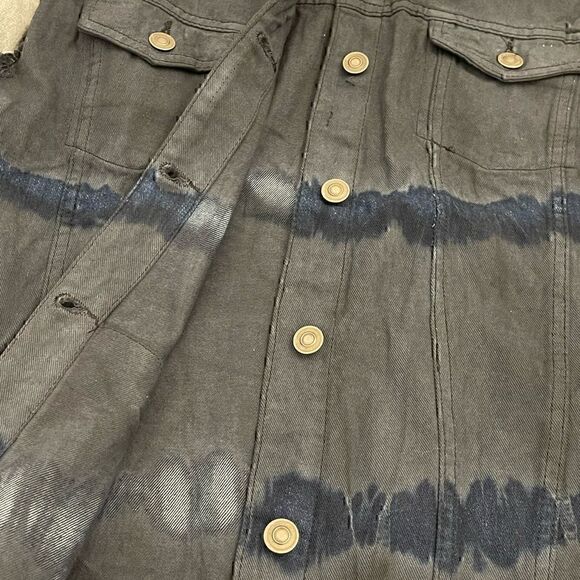Like Love Navy Tie Dye Denim Jean Jacket Hoodie w/ Heathered Gray Grey Sleeves - Picture 6 of 16